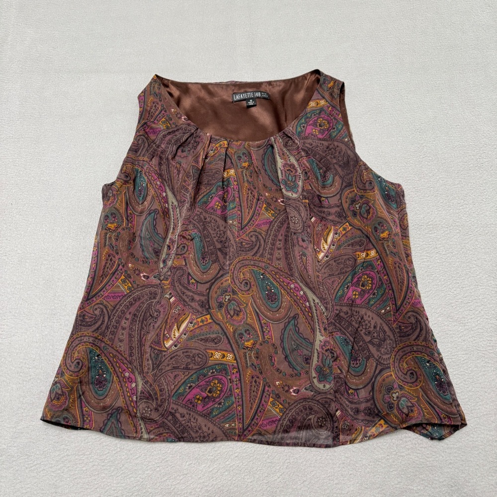Lafayette 148 Top Women 16 Brown Paisley 100% Silk Sleeveless Pleated Blouse